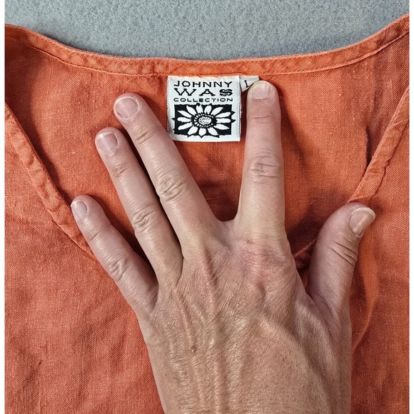 Vintage Johnny Was Linen Top Large Orange Ruffle Hem Bohemian Peasant Festival - Picture 5 of 6